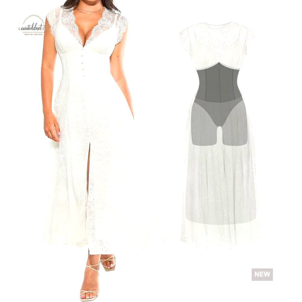 Formal Lace Maxi Dress with Built-In Shapewear, V-Neck, Sleeveless